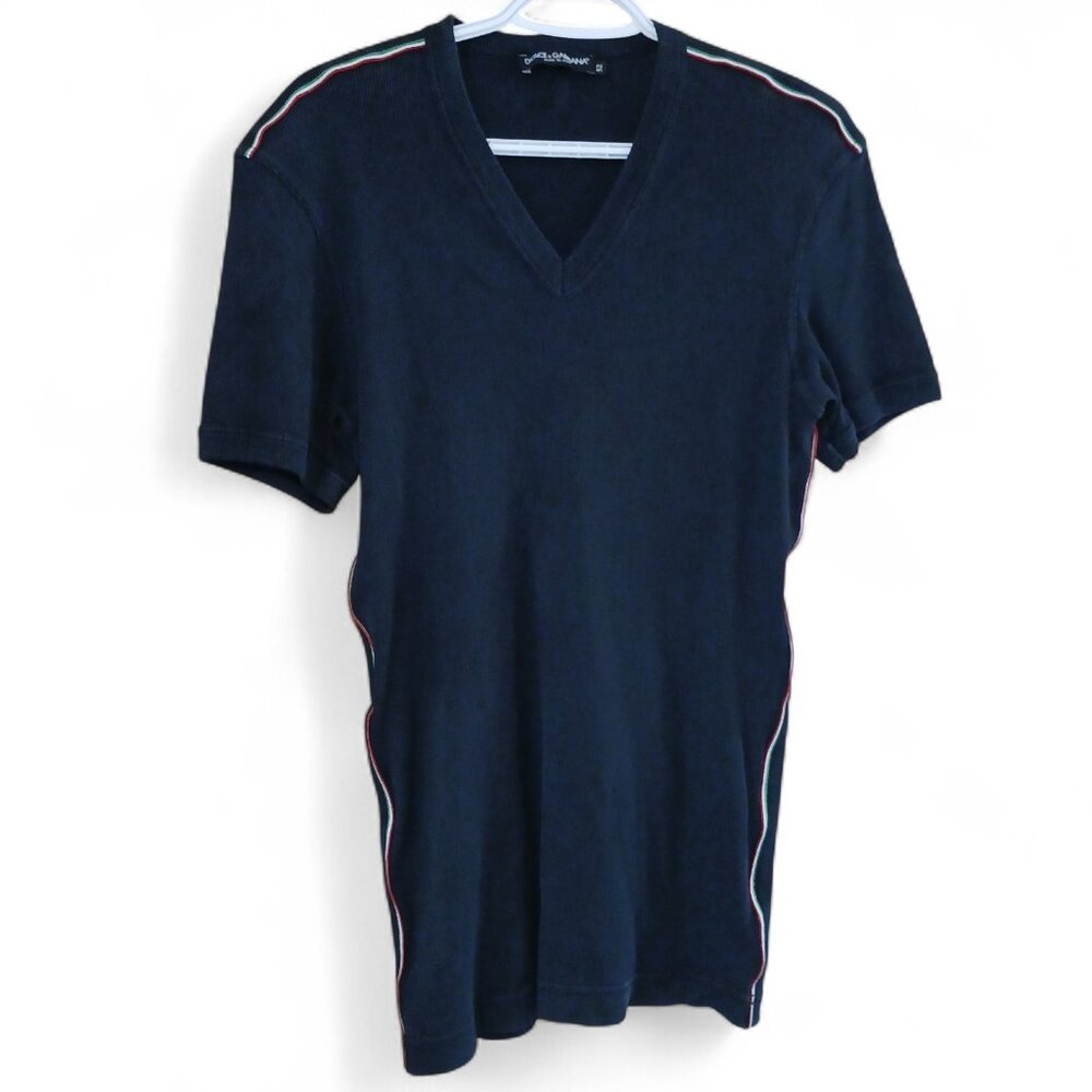 Dolce & Gabbana Men’s Black Ribbed V-Neck Tee Italian Tricolor Stripe Size 52